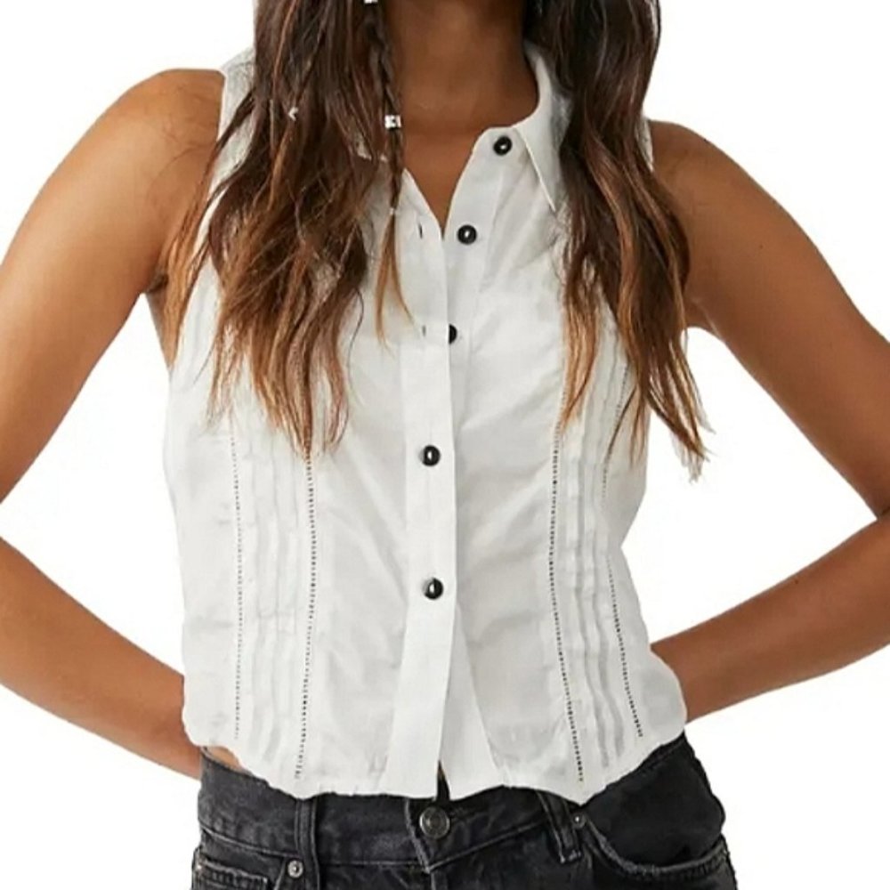 Free People Drive Back Pintuck Sleeveless Blouse ivory size large